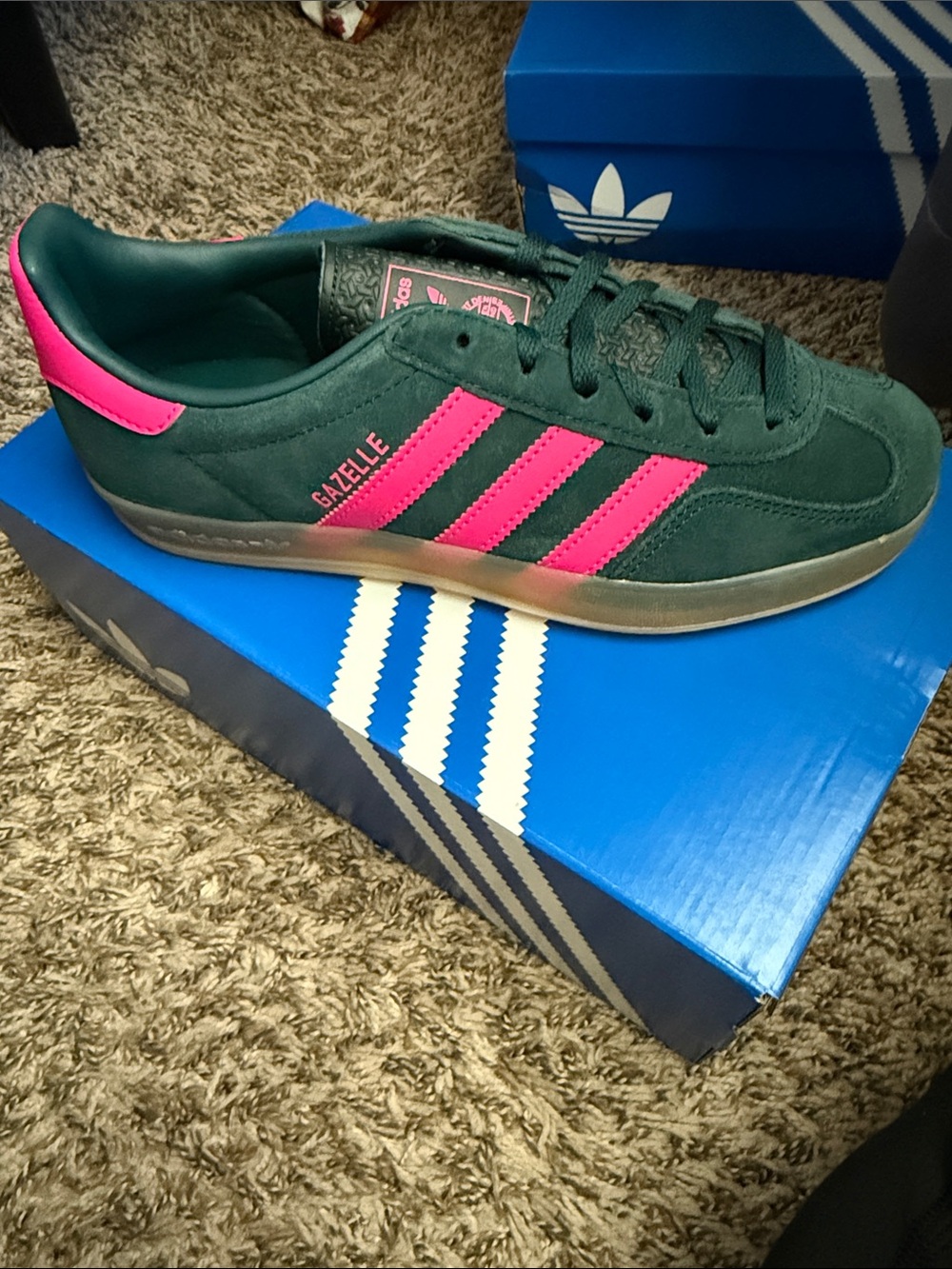 adidas Gazelle Suede Sneaker - Dark Green with Hot Pink Accents